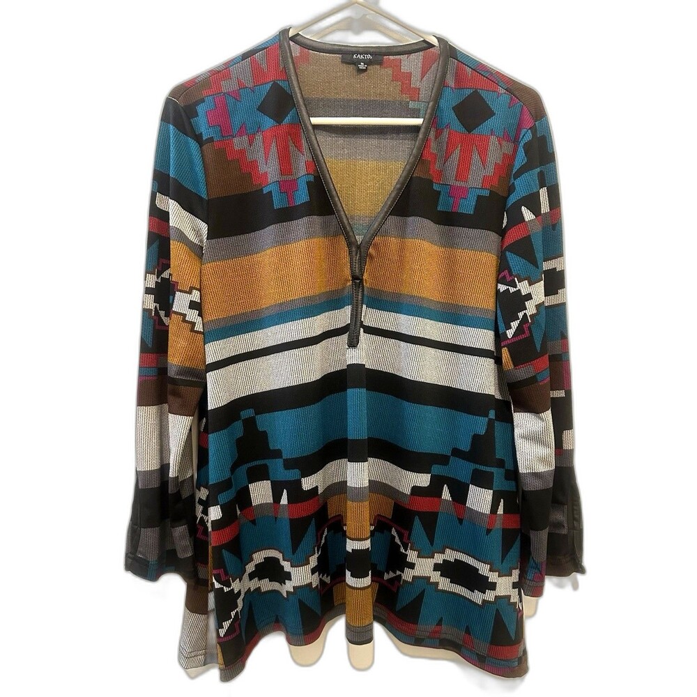 Kaktus Southwestern Aztec Tunic Top M Boho Western Faux Leather Trim V-Neck